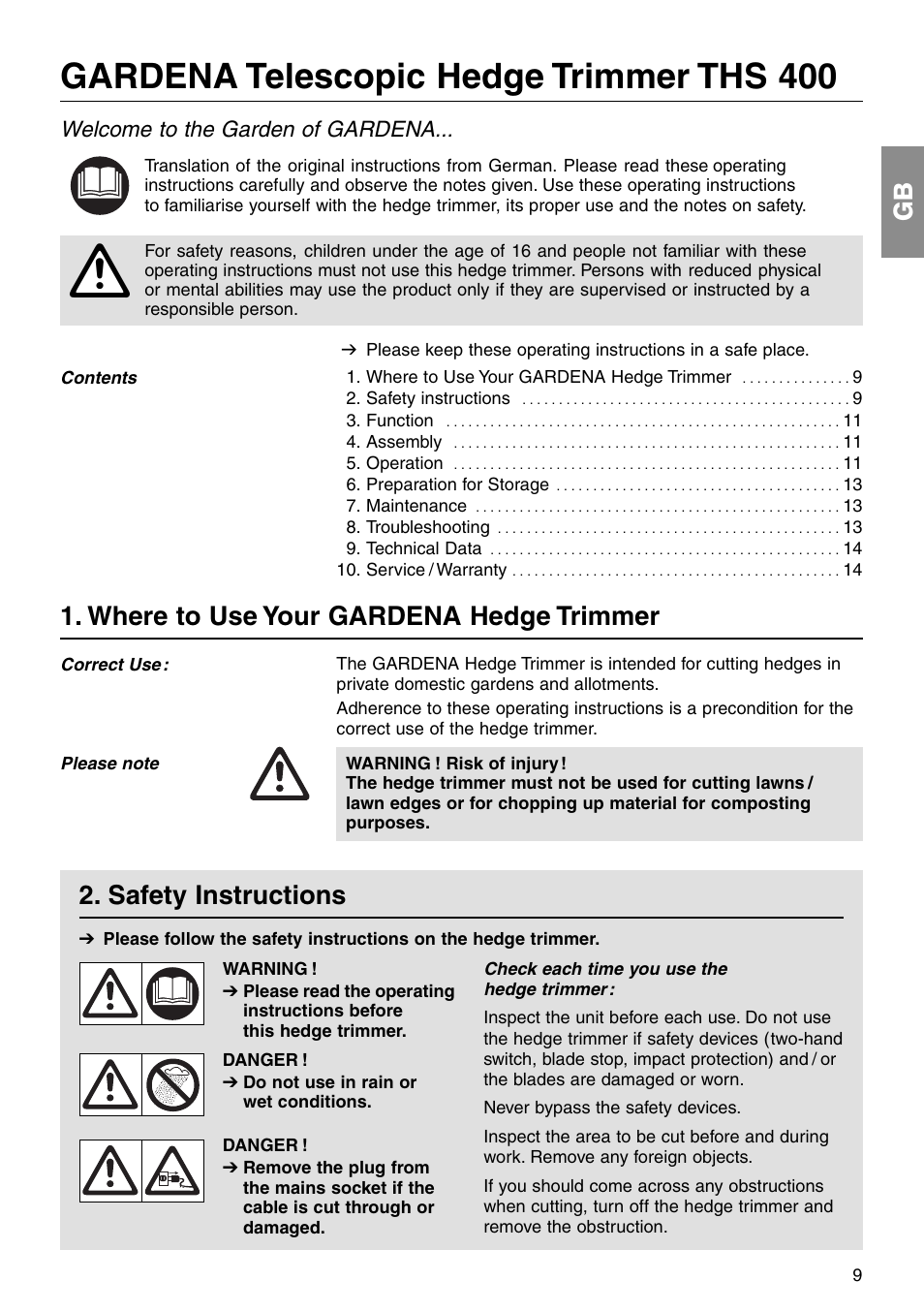 Gardena telescopic hedge trimmer ths 400, Where to use your gardena hedge trimmer, Safety instructions | Welcome to the garden of gardena | Gardena THS 400 User Manual | Page 2 / 11