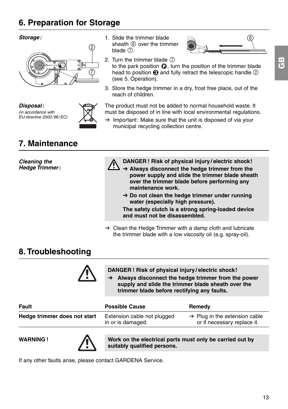 Preparation for storage, Maintenance, Troubleshooting | Gardena THS 400 User Manual | Page 6 / 11