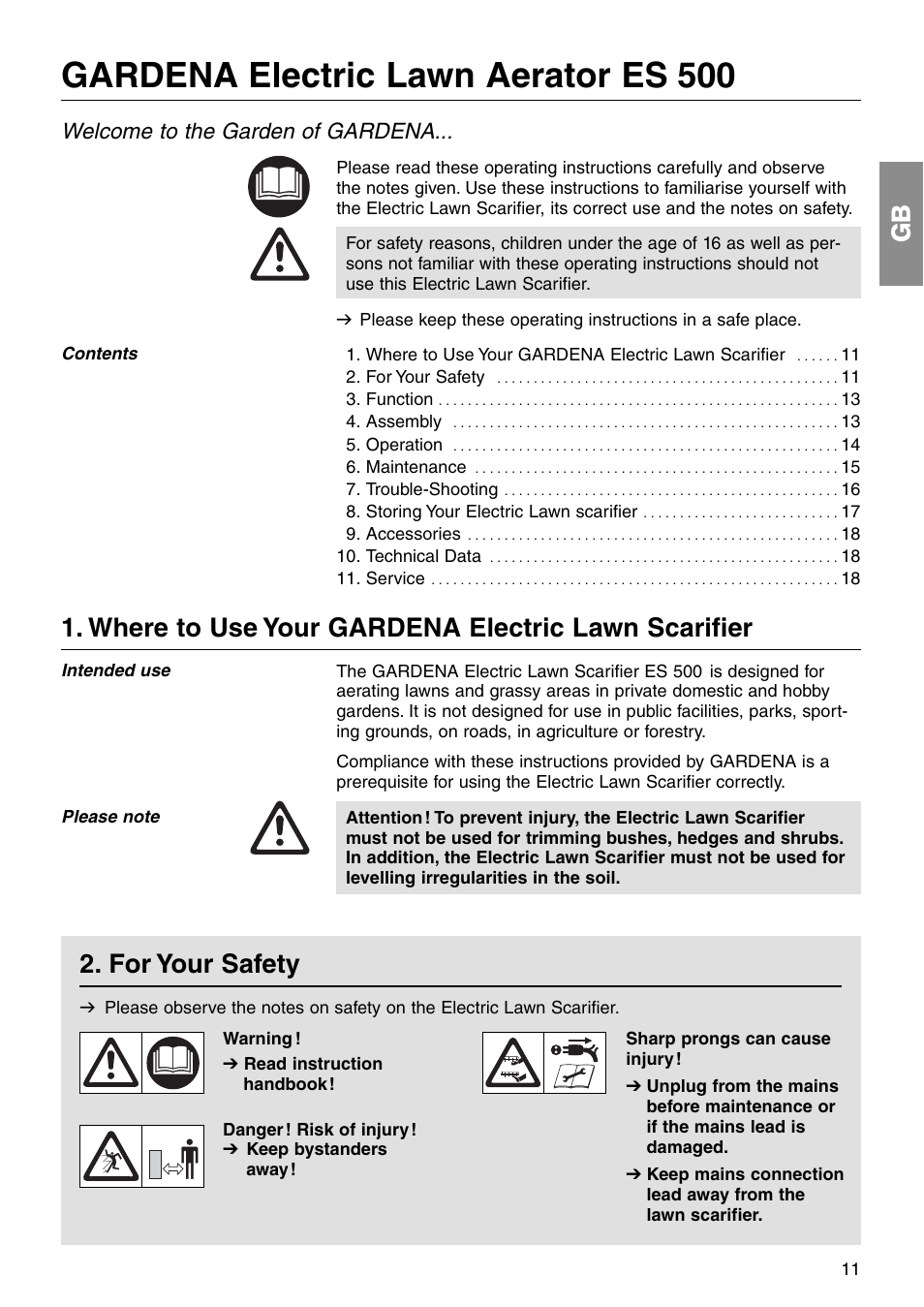 Gardena electric lawn aerator es 500, For your safety, Where to use your gardena electric lawn scarifier | Welcome to the garden of gardena | Gardena ES 500 User Manual | Page 2 / 12