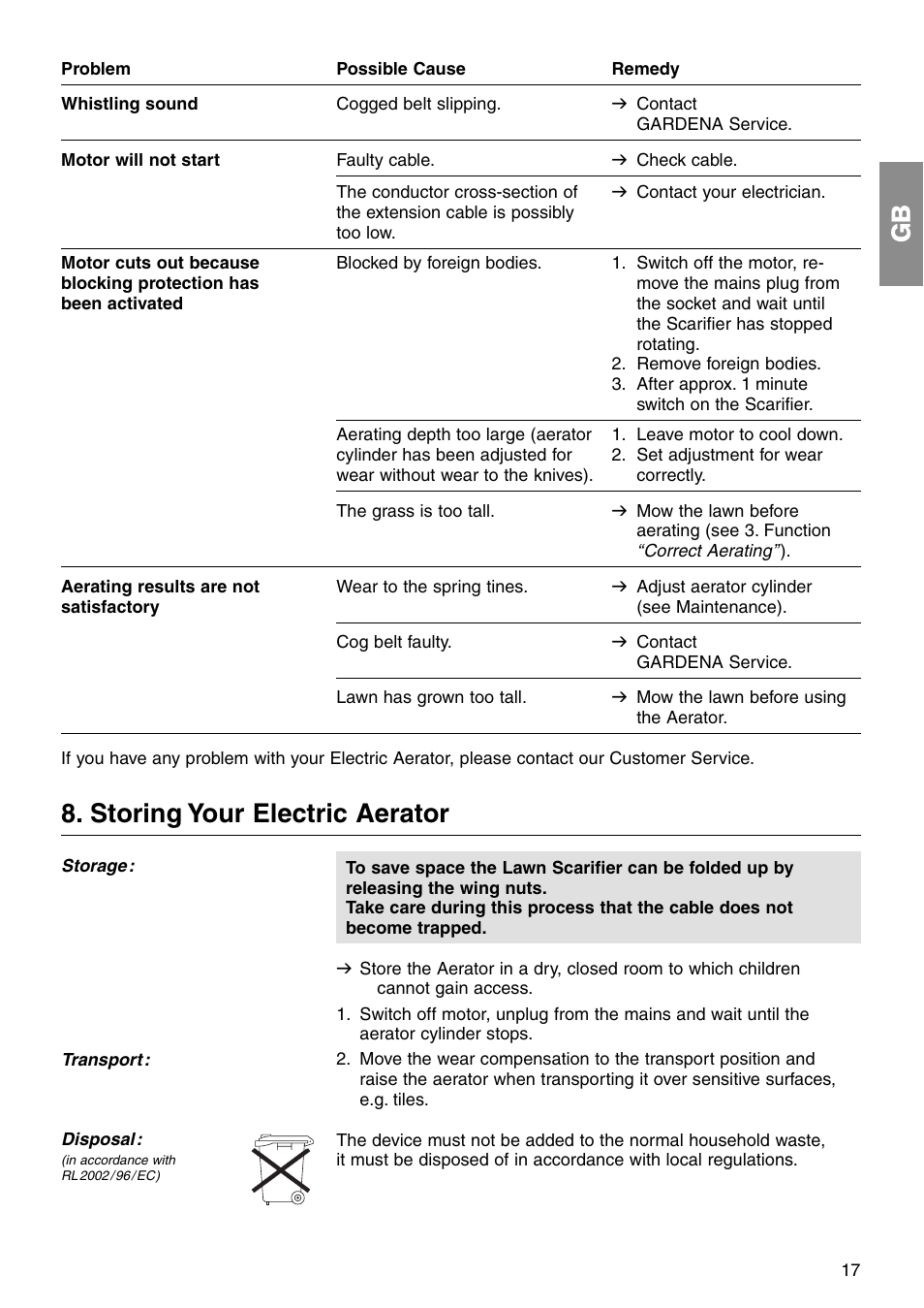 Storing your electric aerator | Gardena ES 500 User Manual | Page 8 / 12