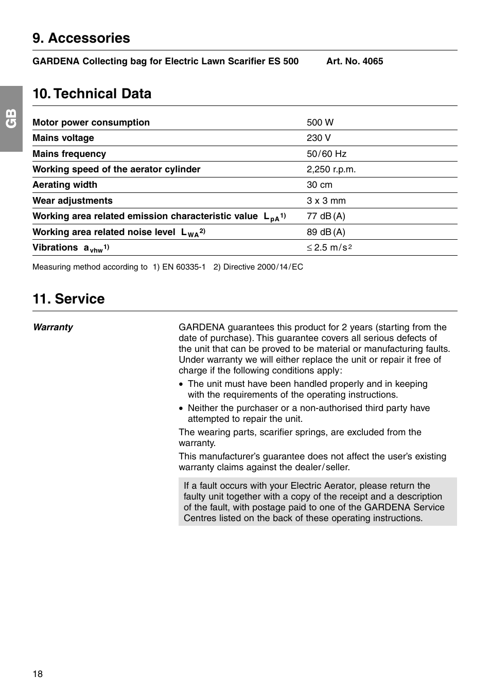 Gb 9. accessories, Technical data, Service | Gardena ES 500 User Manual | Page 9 / 12