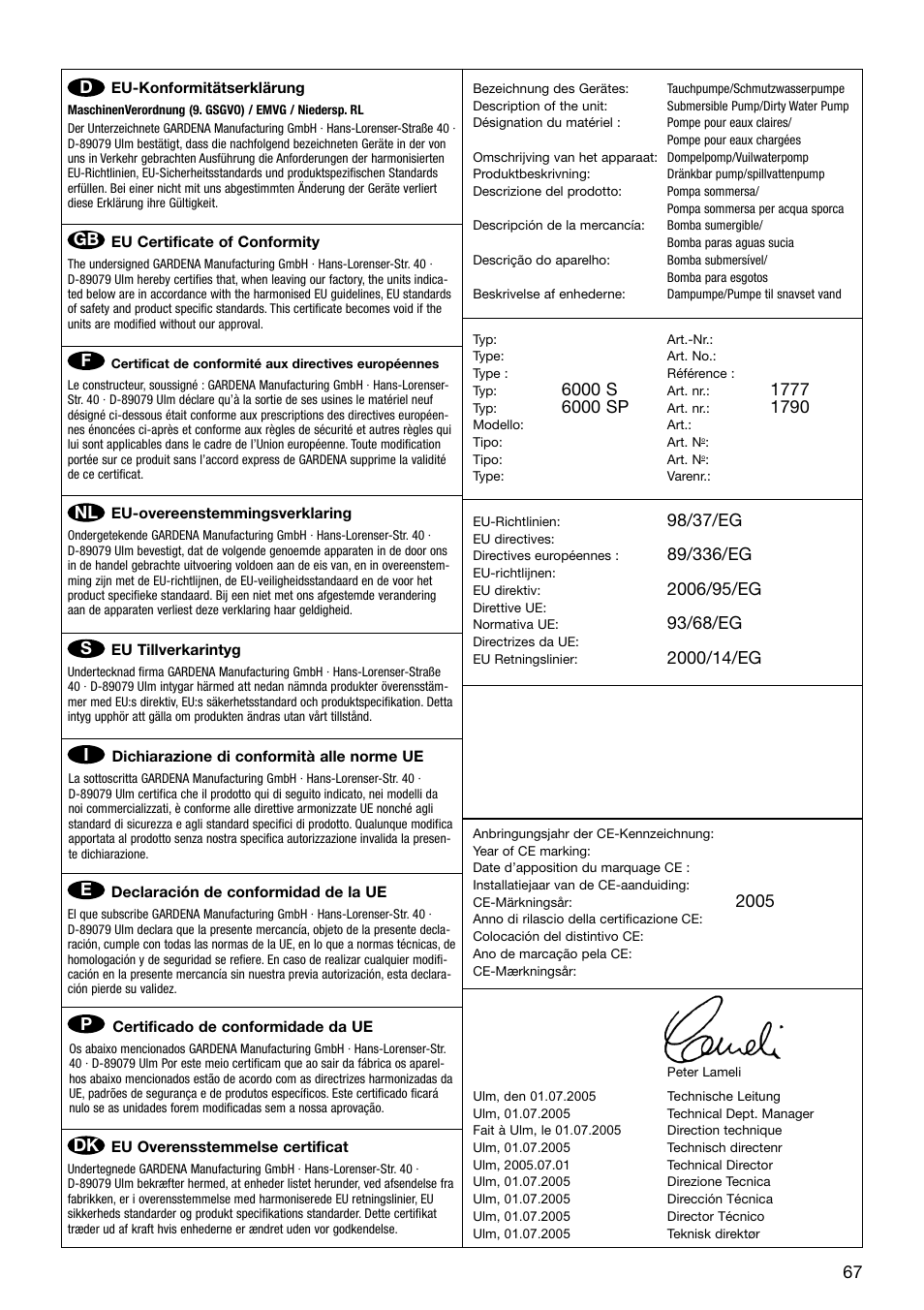 6000 s, 6000 sp, 98/37/eg | 93/68/eg | Gardena 6000 SP User Manual | Page 10 / 12