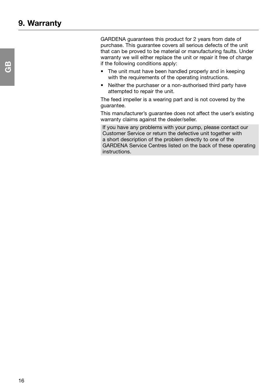 Warranty | Gardena 6000 SP User Manual | Page 8 / 12