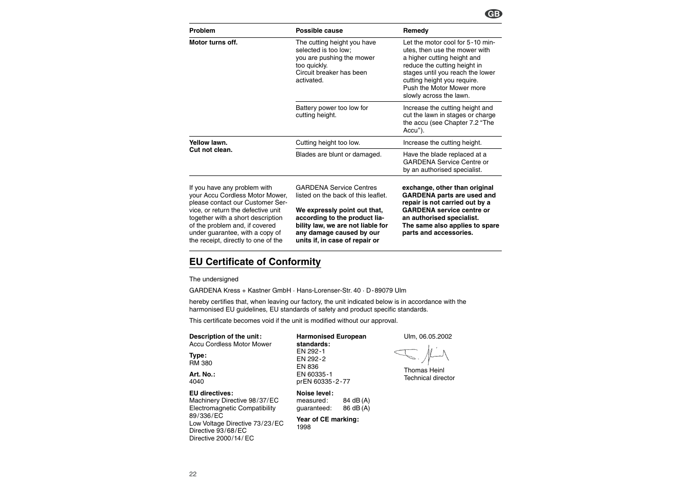 Eu certificate of conformity | Gardena RM330 User Manual | Page 7 / 9