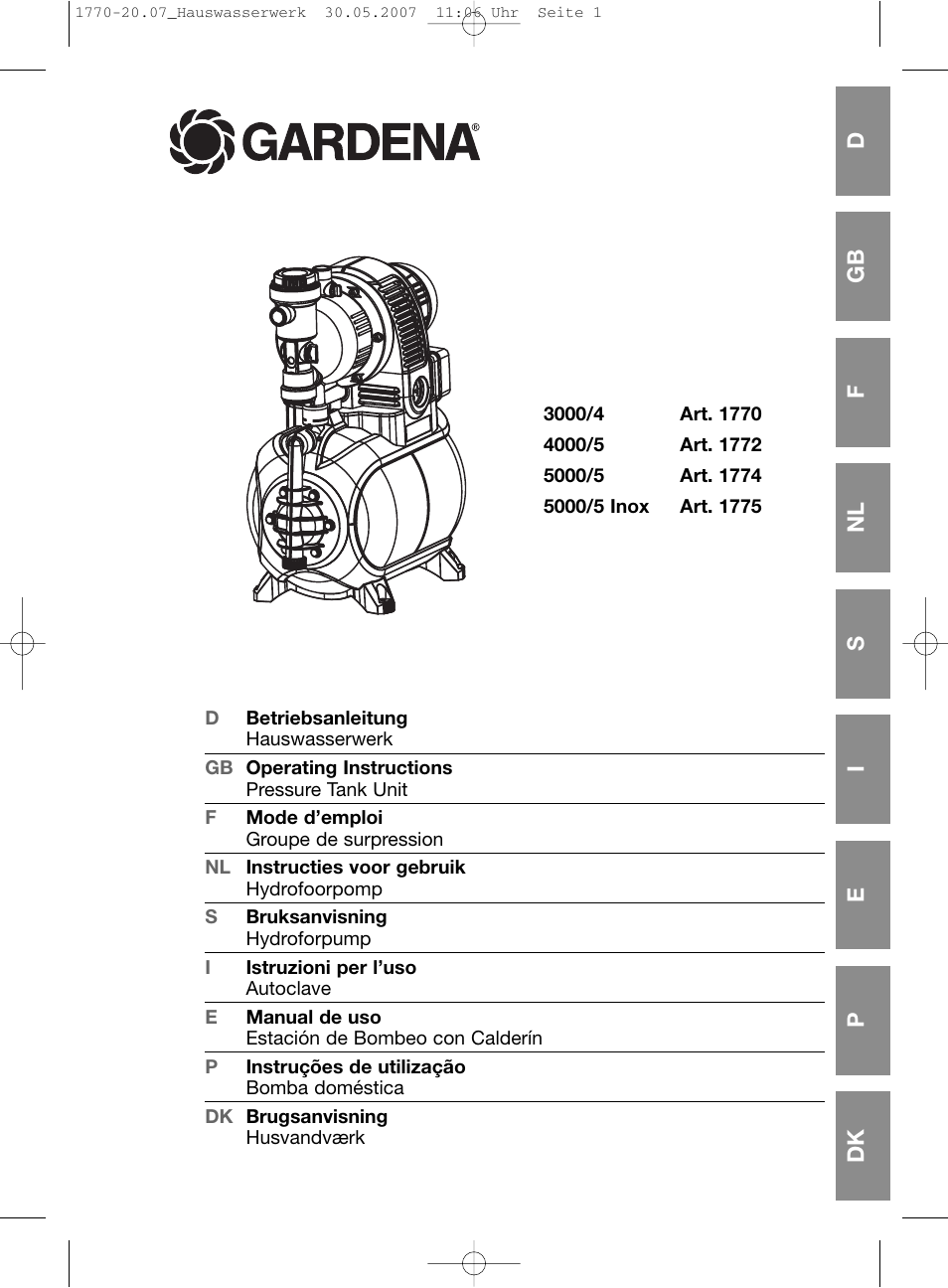 Gardena Pressure Tank Unit D-89070 Ulm User Manual | 13 pages