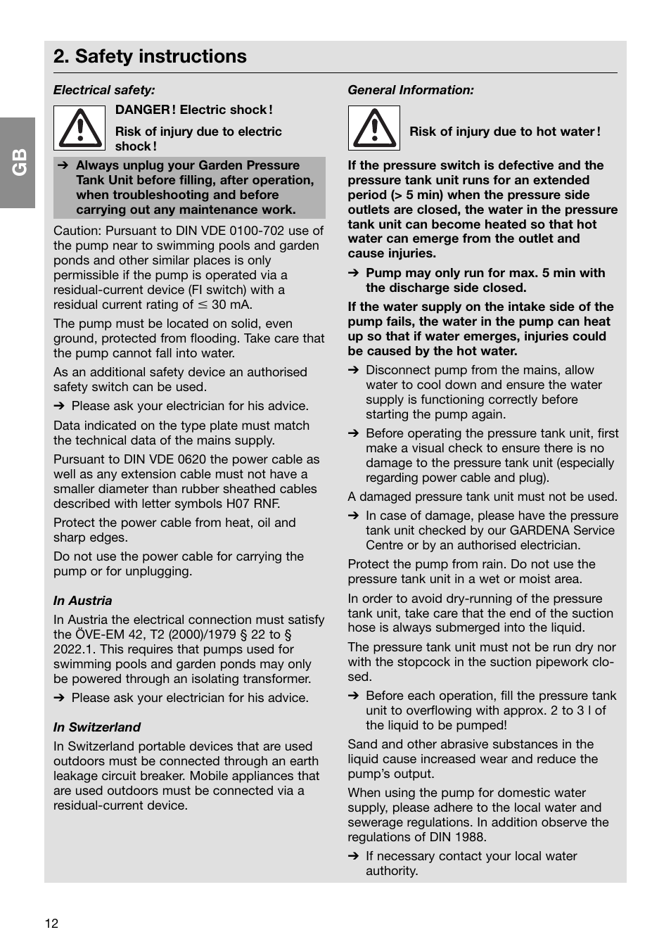 Safety instructions | Gardena Pressure Tank Unit D-89070 Ulm User Manual | Page 3 / 13