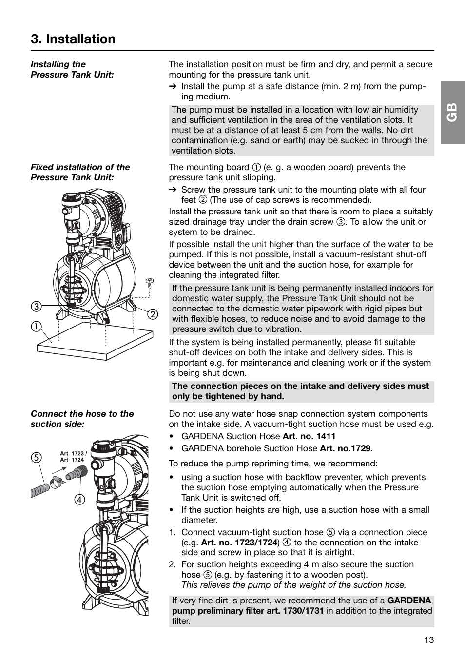 Gb 3. installation | Gardena Pressure Tank Unit D-89070 Ulm User Manual | Page 4 / 13