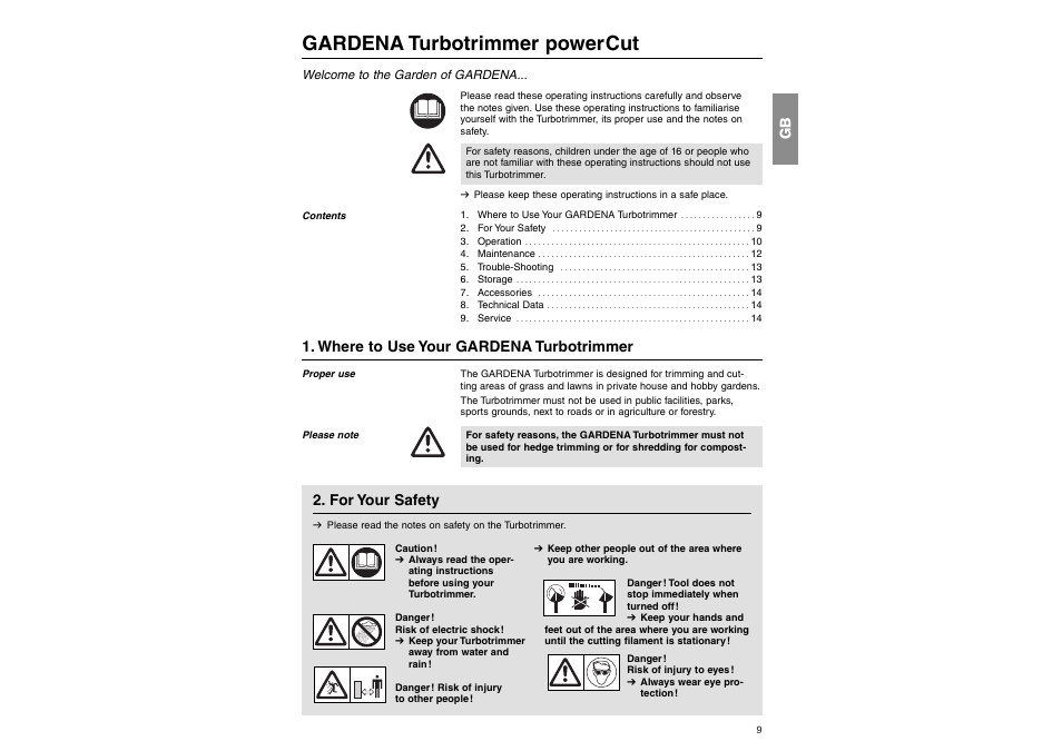 Gardena turbotrimmer powercut, Where to use your gardena turbotrimmer, For your safety | Gardena Lawn Mower User Manual | Page 2 / 8