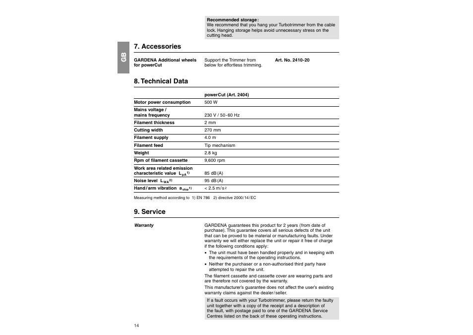 Accessories, Technical data, Service | Gardena Lawn Mower User Manual | Page 5 / 8