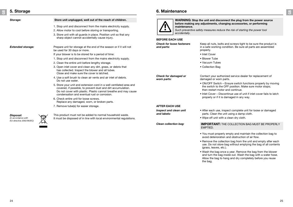 Storage, Maintenance | Gardena ErgoJet EJ3000 User Manual | Page 6 / 10
