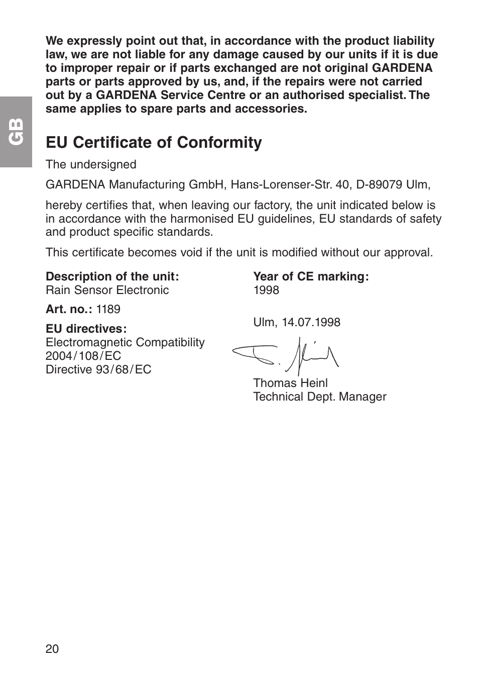 Eu certificate of conformity | Gardena 1189 User Manual | Page 12 / 16