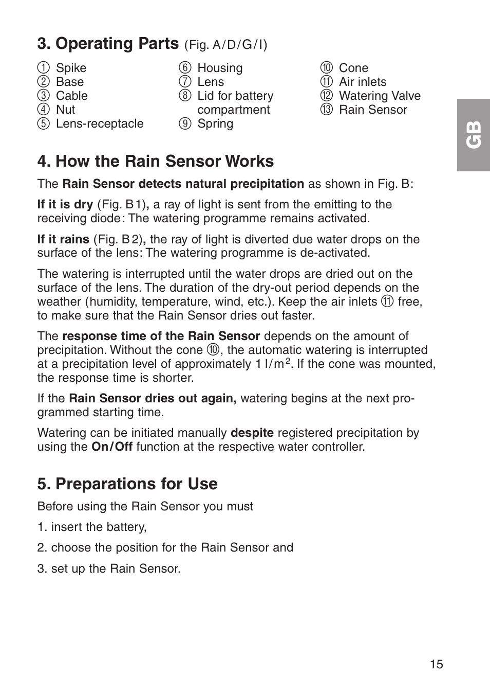 Operating parts, How the rain sensor works, Preparations for use | Gardena 1189 User Manual | Page 7 / 16