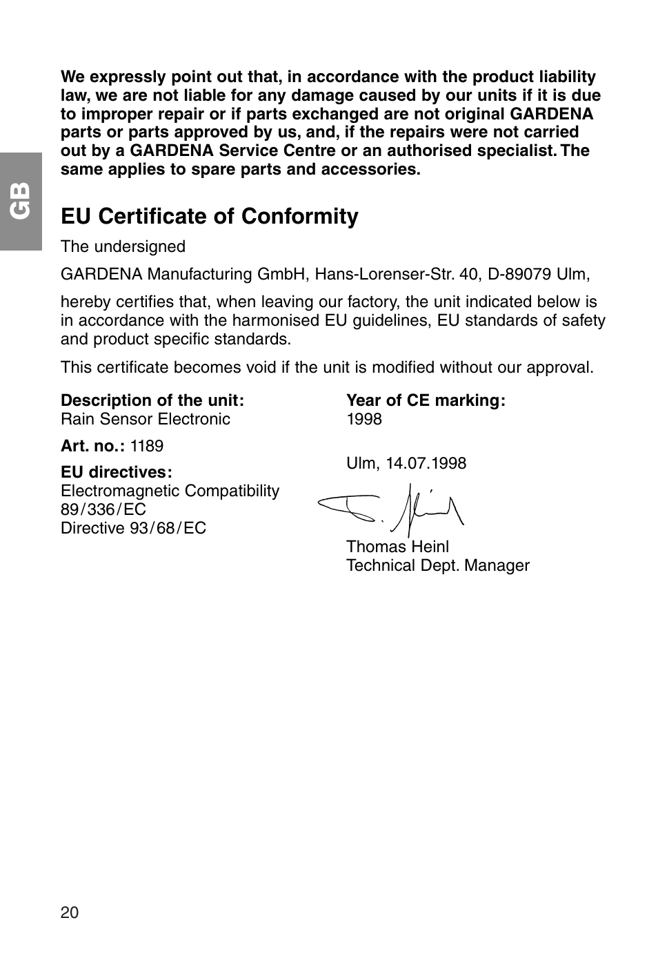 Eu certificate of conformity | Gardena ART.1189 User Manual | Page 12 / 16
