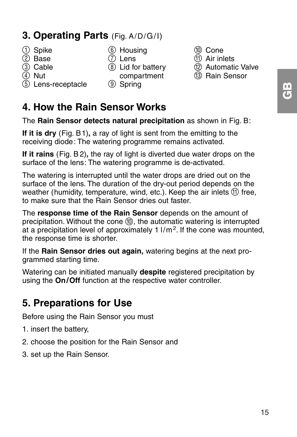 Operating parts, How the rain sensor works, Preparations for use | Gardena ART.1189 User Manual | Page 7 / 16