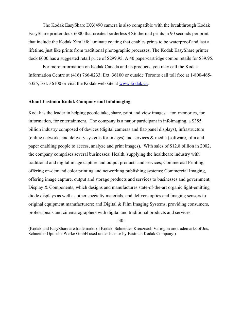 About eastman kodak company and infoimaging | Granville Manufacturing Kodak EasyShare Digital Camera DX6490 User Manual | Page 2 / 2