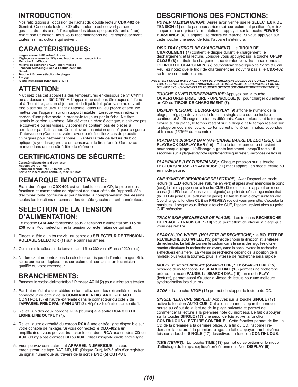Introduction, Caractéristiques, Attention | Certifications de sécurité, Remarque importante, Selection de la tension d’alimentation, Branchements, Descriptions des fonctions | Gemini CDX-402 User Manual | Page 10 / 12
