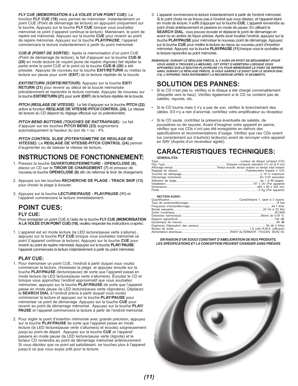 Instructions de fonctionnement, Point cues, Solution des pannes | Caracteristiques techniques | Gemini CDX-402 User Manual | Page 11 / 12