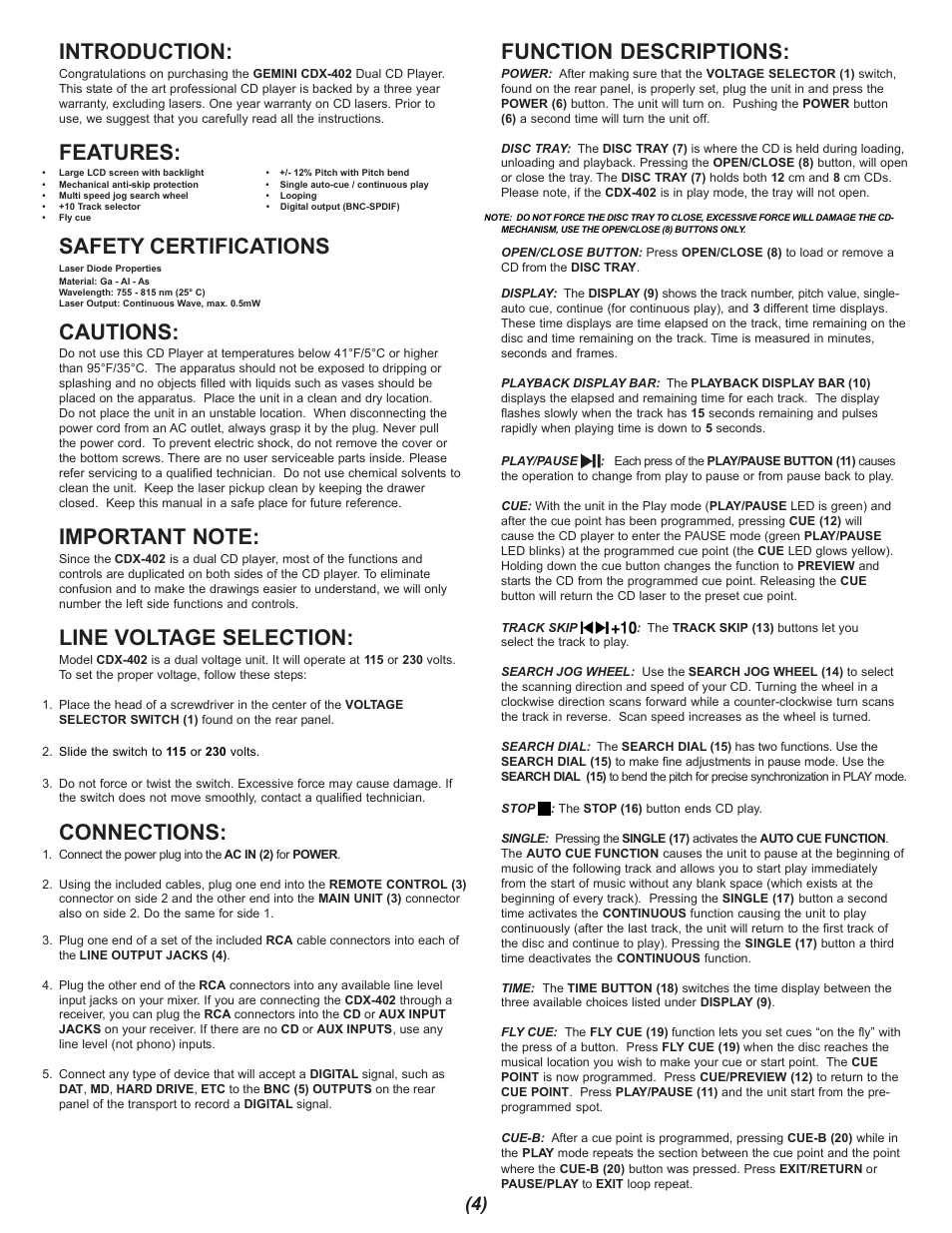 Introduction, Features, Safety certifications | Cautions, Line voltage selection, Connections, Function descriptions | Gemini CDX-402 User Manual | Page 4 / 12