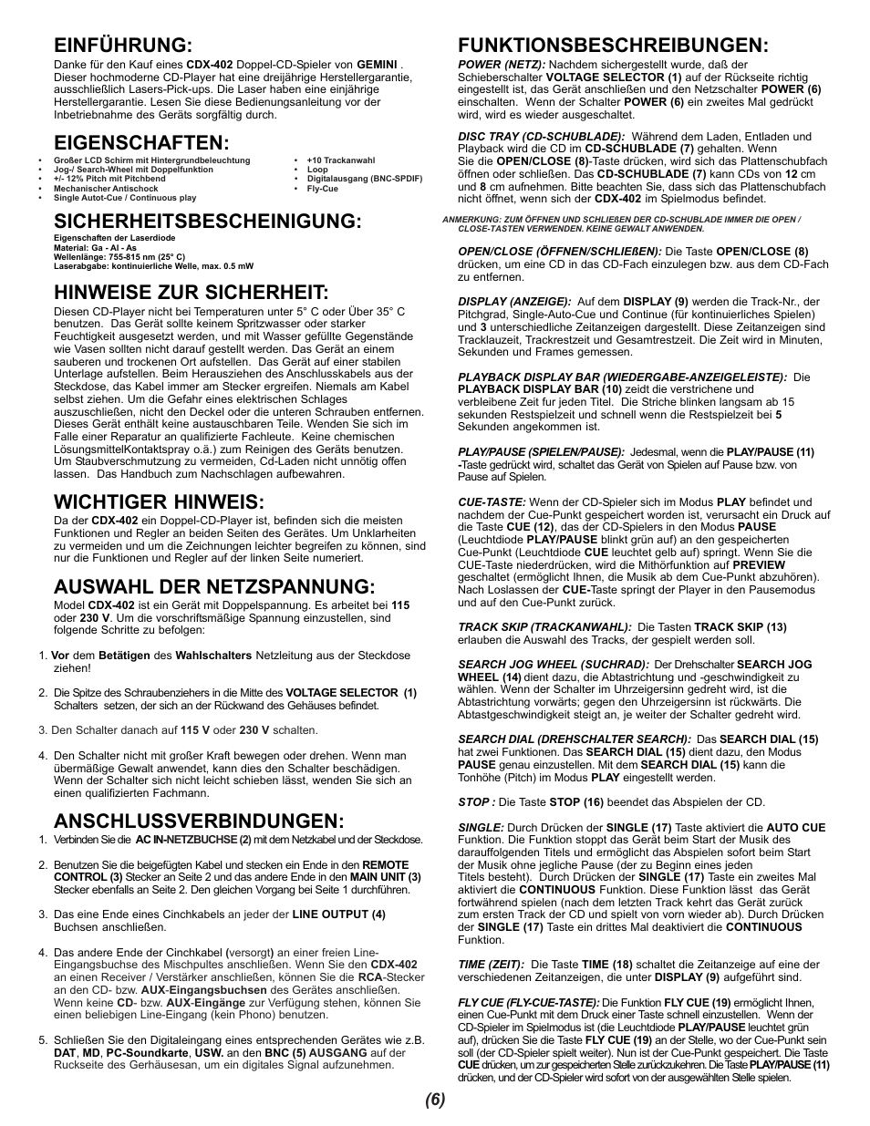 Einführung, Eigenschaften, Sicherheitsbescheinigung | Hinweise zur sicherheit, Wichtiger hinweis, Auswahl der netzspannung, Anschlussverbindungen, Funktionsbeschreibungen | Gemini CDX-402 User Manual | Page 6 / 12