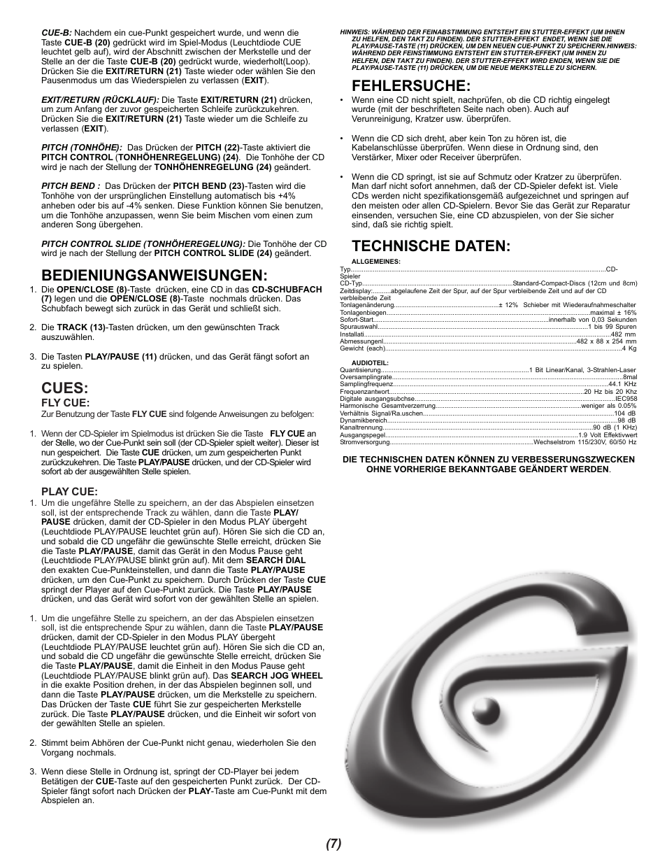 Bedieniungsanweisungen, Cues, Fehlersuche | Technische daten | Gemini CDX-402 User Manual | Page 7 / 12