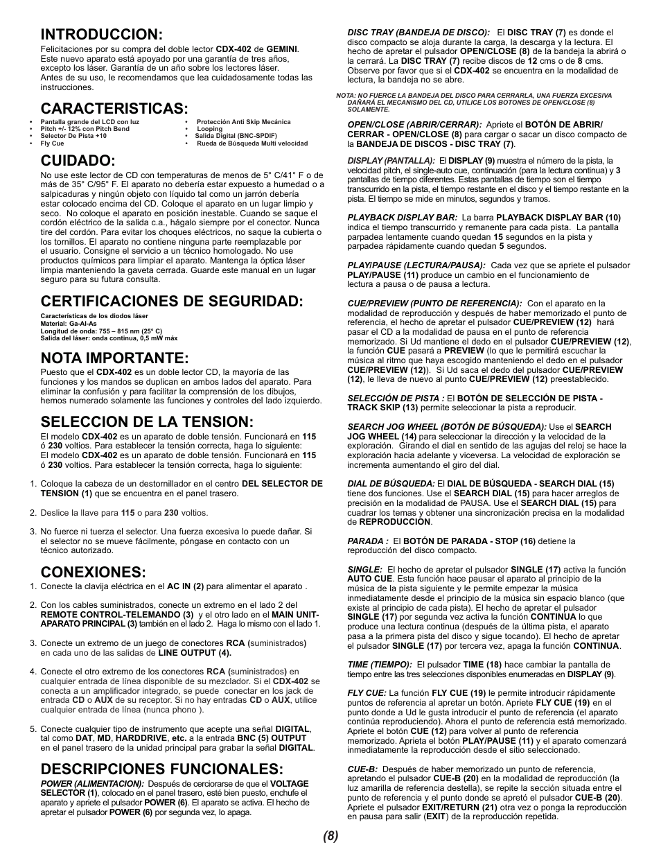 Introduccion, Caracteristicas, Cuidado | Certificaciones de seguridad, Nota importante, Seleccion de la tension, Conexiones, Descripciones funcionales | Gemini CDX-402 User Manual | Page 8 / 12