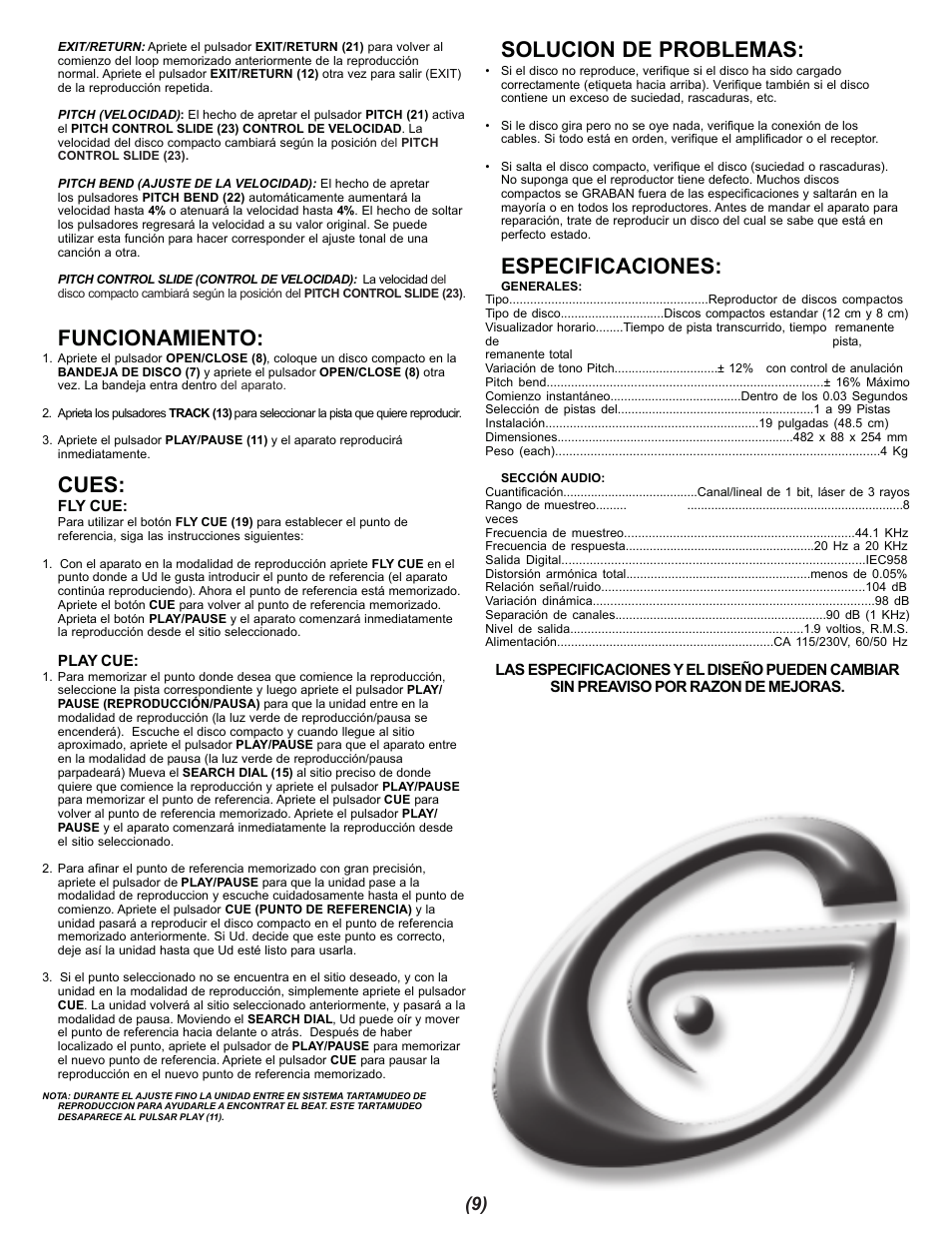 Funcionamiento, Cues, Solucion de problemas | Especificaciones | Gemini CDX-402 User Manual | Page 9 / 12