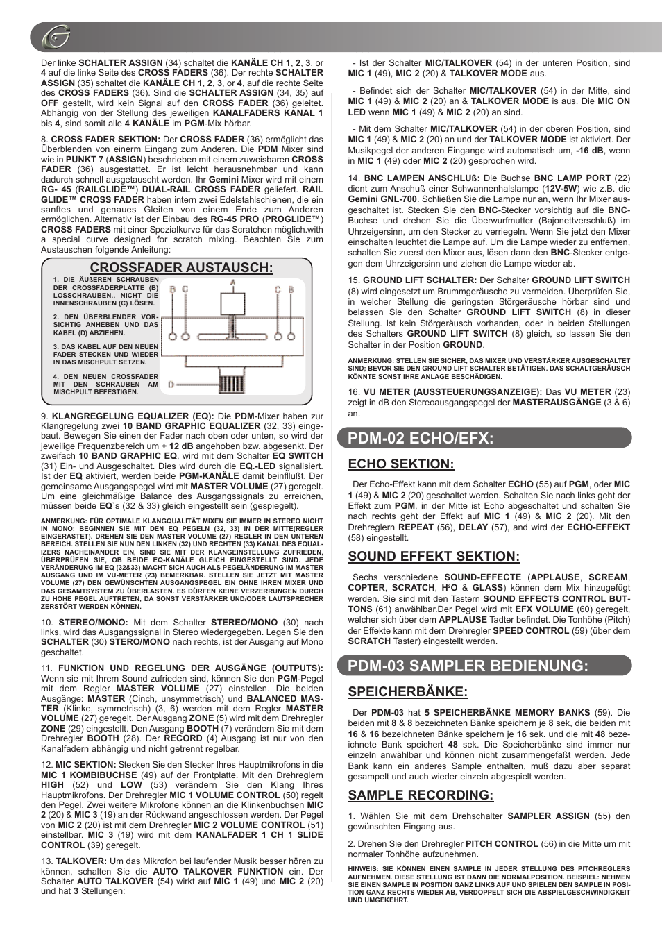 Pdm-02 echo/efx: pdm-03 sampler bedienung, Echo sektion, Sound effekt sektion | Speicherbänke, Sample recording, Crossfader austausch | Gemini PDM-01 User Manual | Page 10 / 20