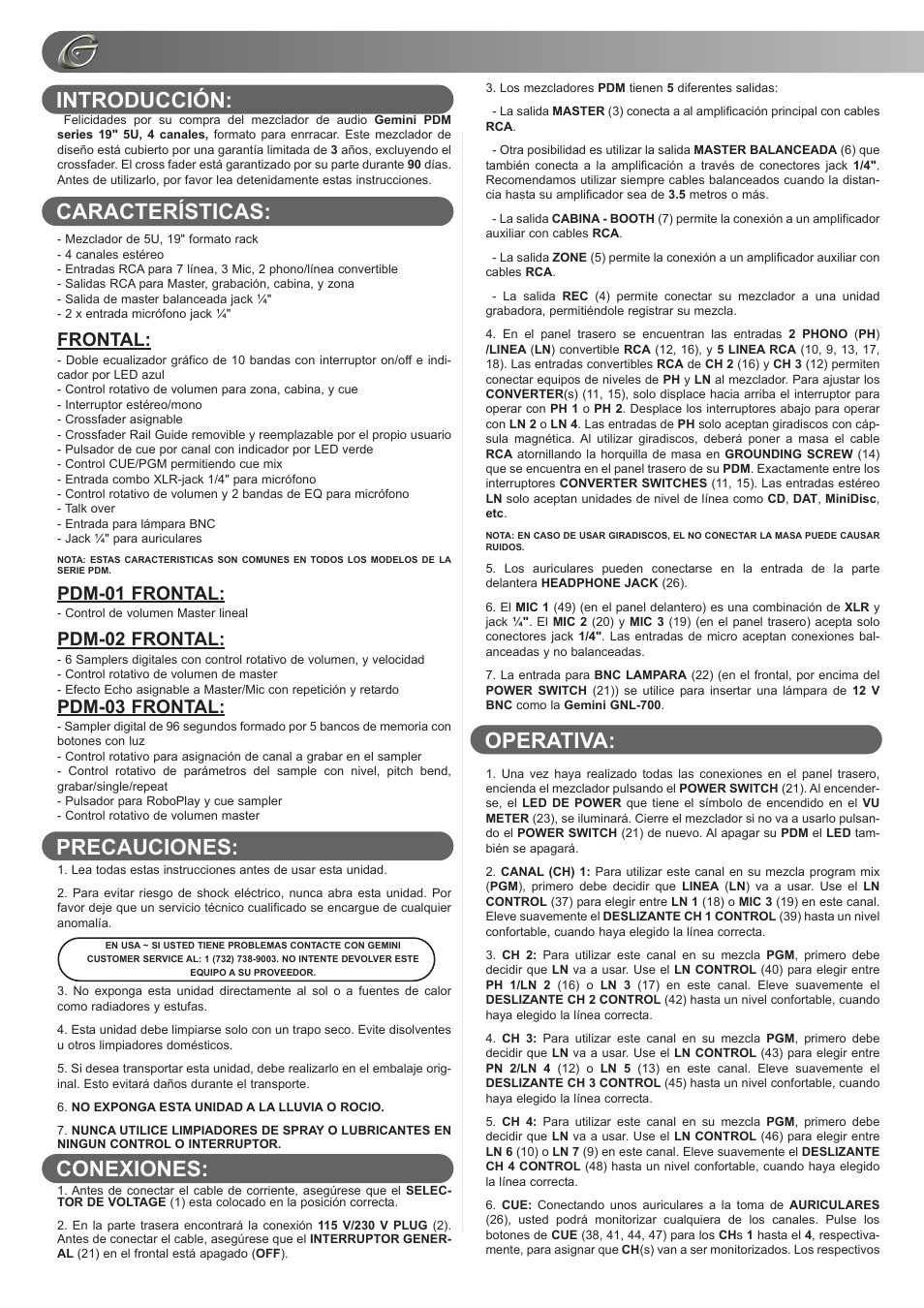 Introducción: características: precauciones, Conexiones: operativa, Frontal | Pdm-01 frontal, Pdm-02 frontal, Pdm-03 frontal | Gemini PDM-01 User Manual | Page 12 / 20