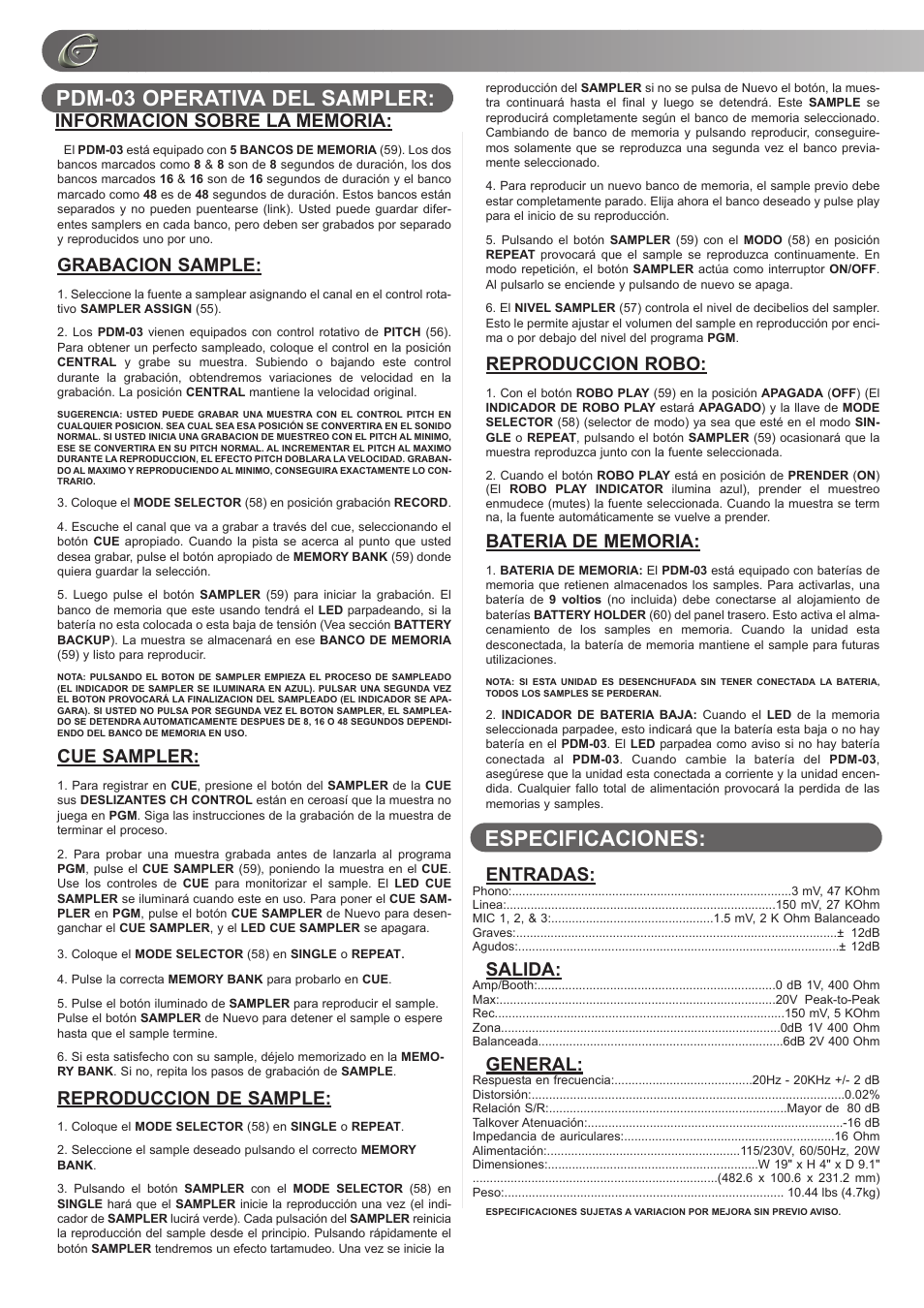 Pdm-03 operativa del sampler: especificaciones, Grabacion sample, Cue sampler | Reproduccion de sample, Reproduccion robo, Entradas, Salida, General | Gemini PDM-01 User Manual | Page 14 / 20