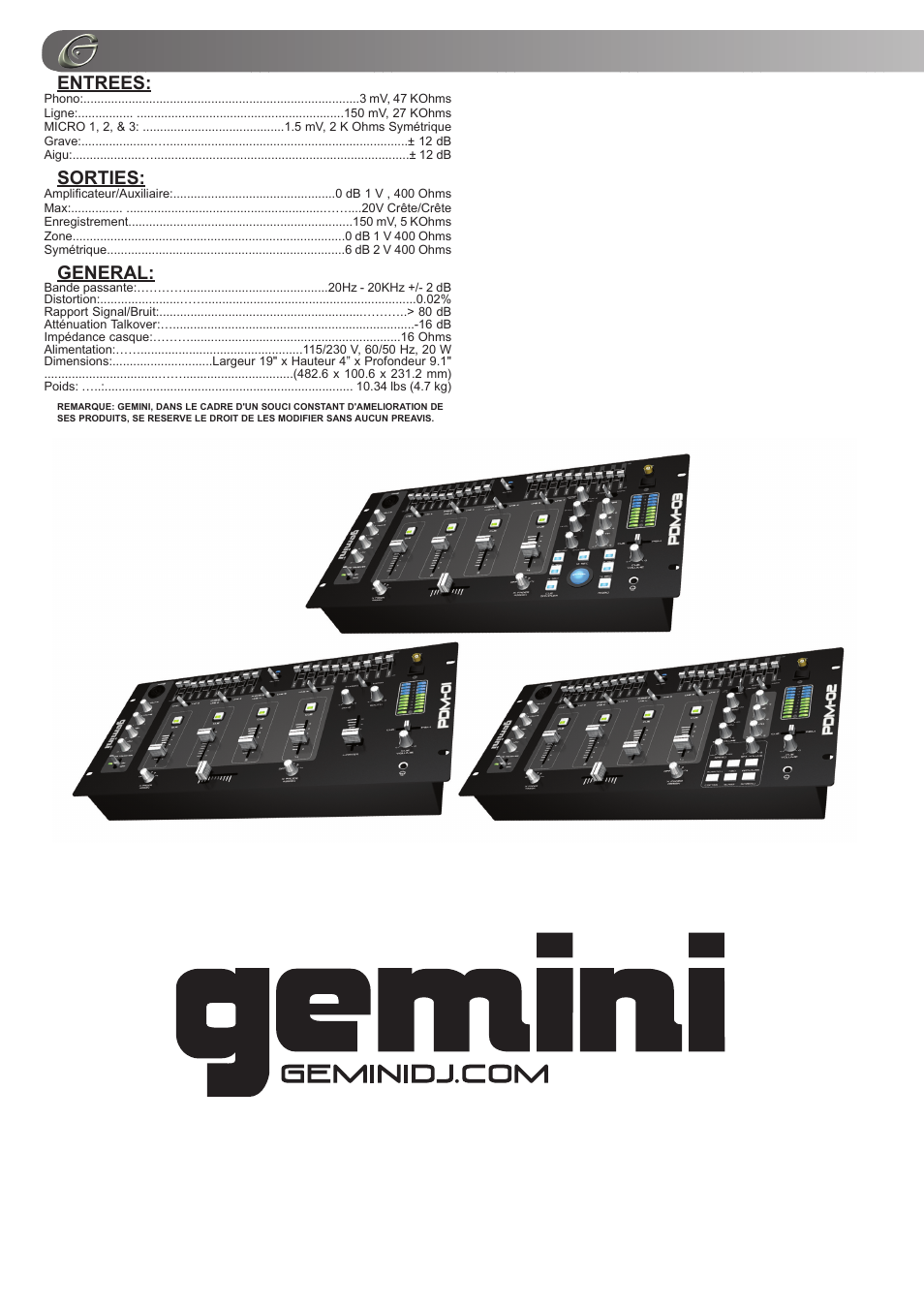 Entrees, Sorties, General | Gemini PDM-01 User Manual | Page 18 / 20