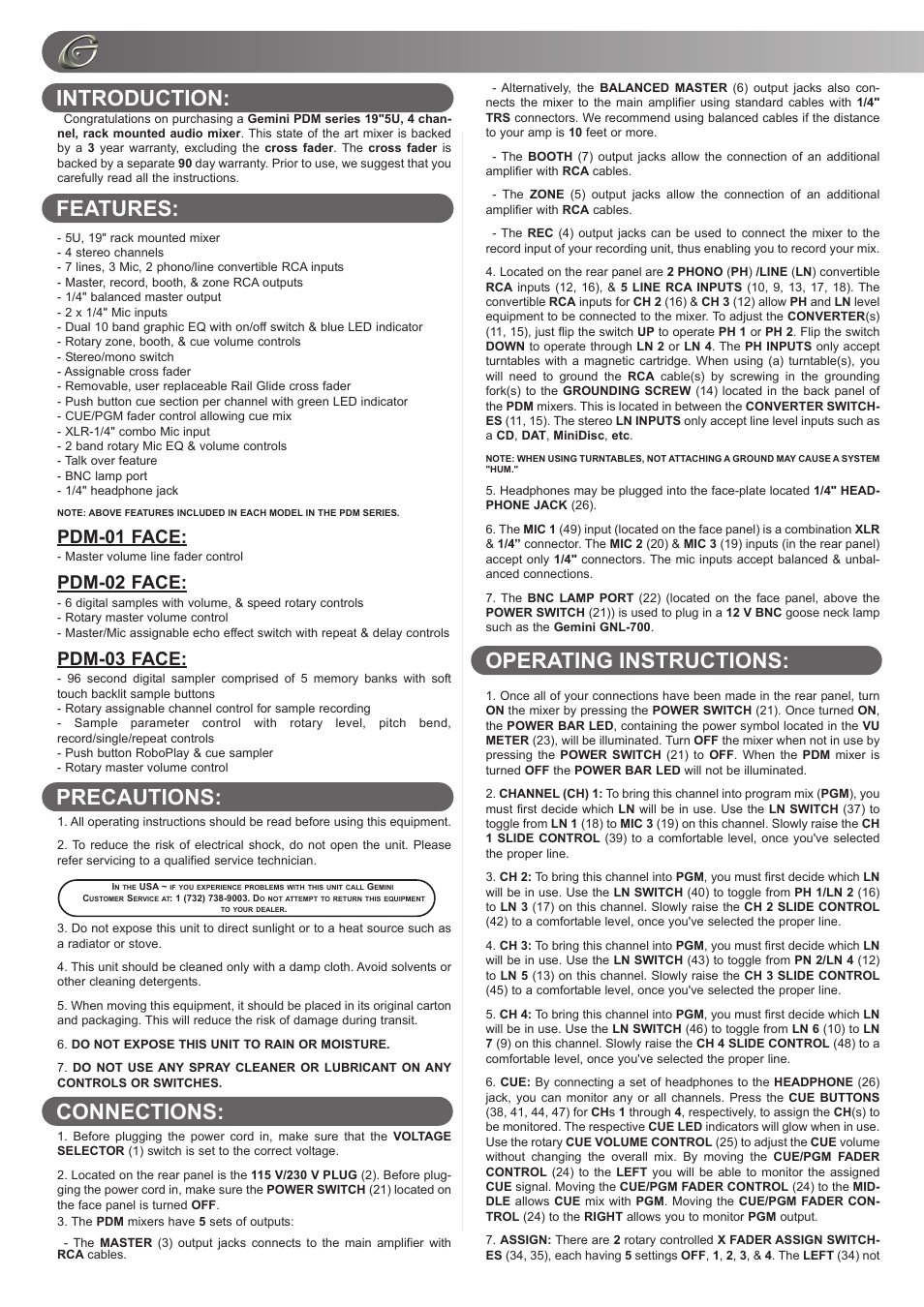Introduction: features, Operating instructions: precautions: connections, Pdm-01 face | Pdm-02 face, Pdm-03 face | Gemini PDM-01 User Manual | Page 6 / 20