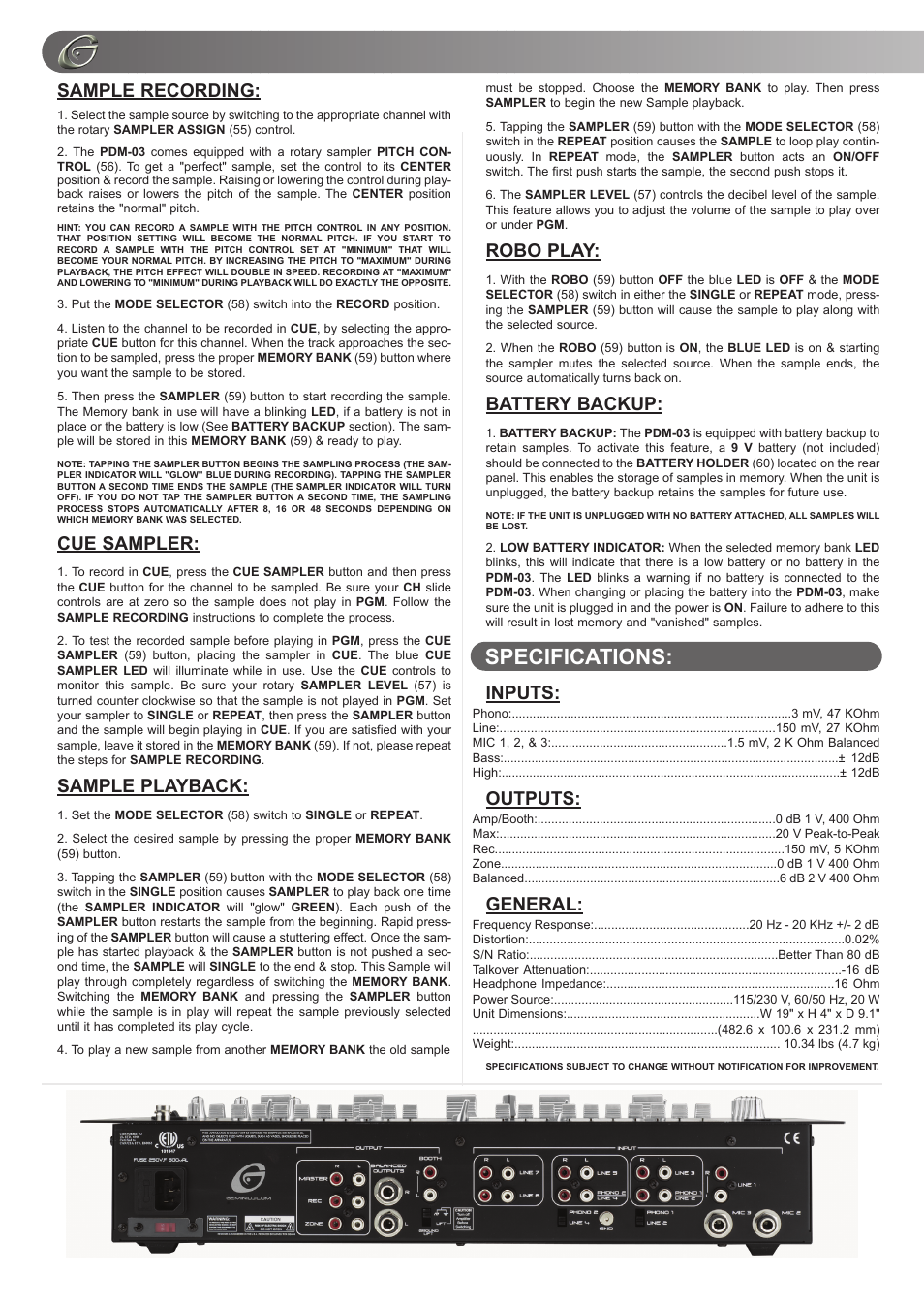 Specifications, Sample recording, Cue sampler | Sample playback, Robo play, Battery backup, Inputs, Outputs, General | Gemini PDM-01 User Manual | Page 8 / 20