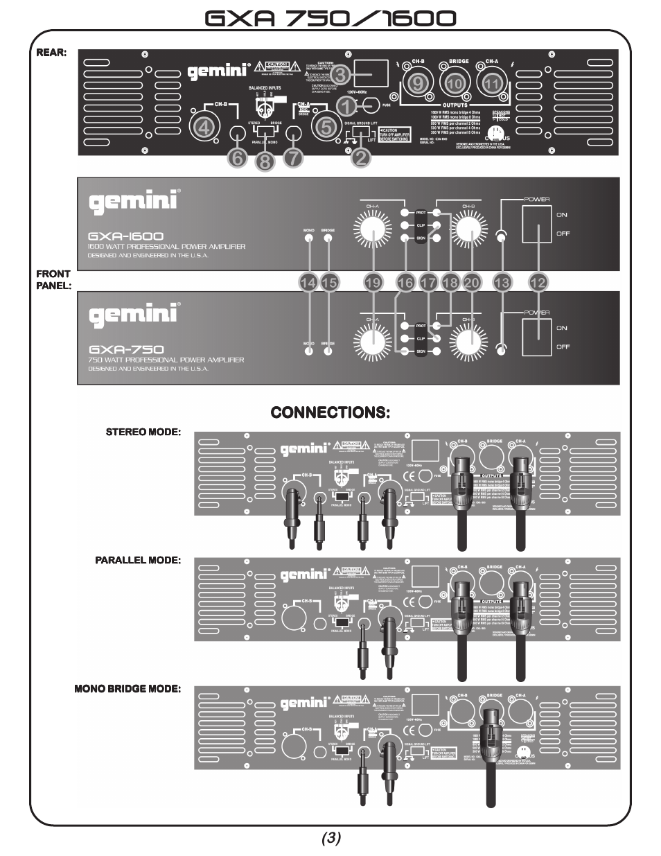 Connections | Gemini GXA 750 User Manual | Page 3 / 16