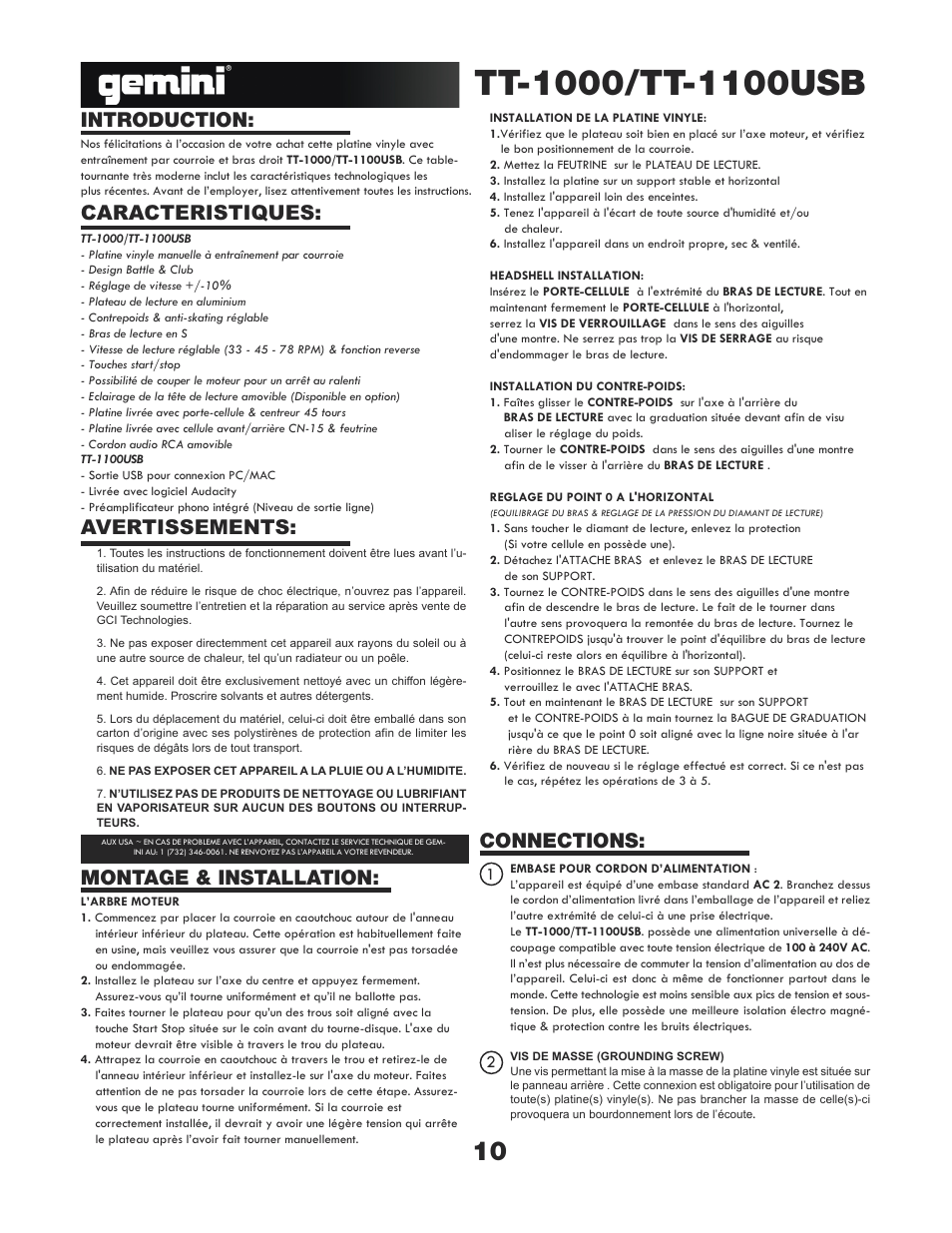 Introduction, Caracteristiques: connections, Montage & installation | Avertissements | Gemini TT-1000 User Manual | Page 10 / 17