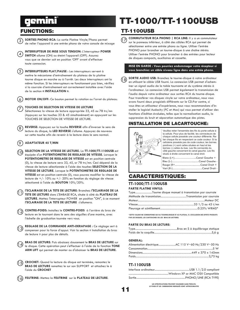 Functions, Tt-1100usb, Caracteristiques | Gemini TT-1000 User Manual | Page 11 / 17