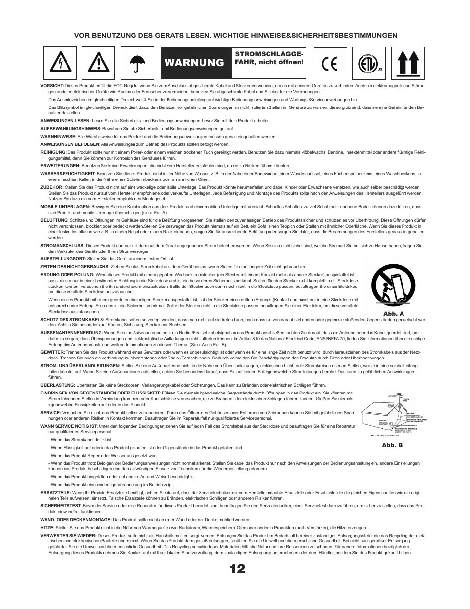 Tt1000-tt1100usb manual german, Warnung, Stromschlagge- fahr, nicht öffnen | Gemini TT-1000 User Manual | Page 12 / 17