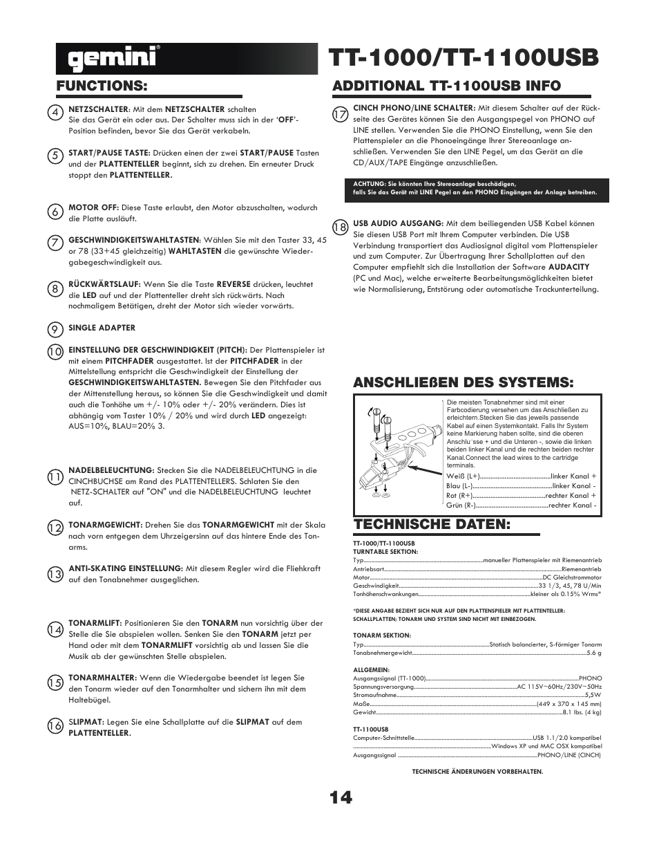 Functions, Additional tt-1100usb info, Technische daten: anschließen des systems | Gemini TT-1000 User Manual | Page 14 / 17