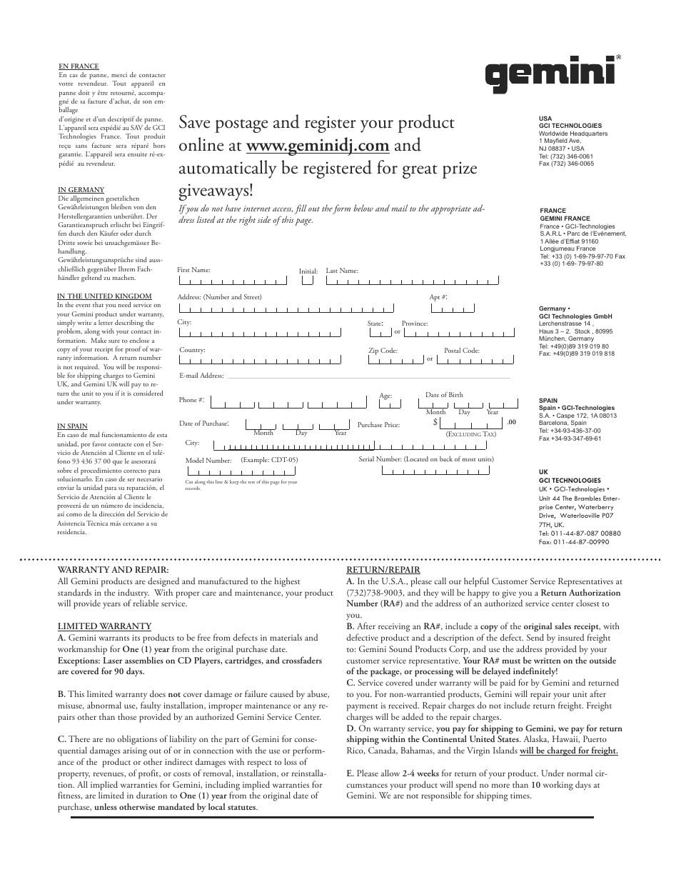 Gemini TT-1000 User Manual | Page 16 / 17