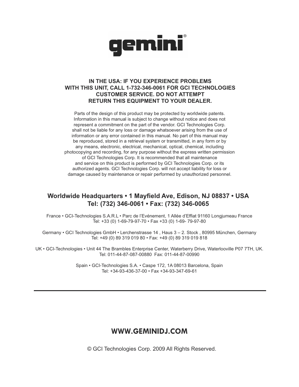 Gemini TT-1000 User Manual | Page 17 / 17