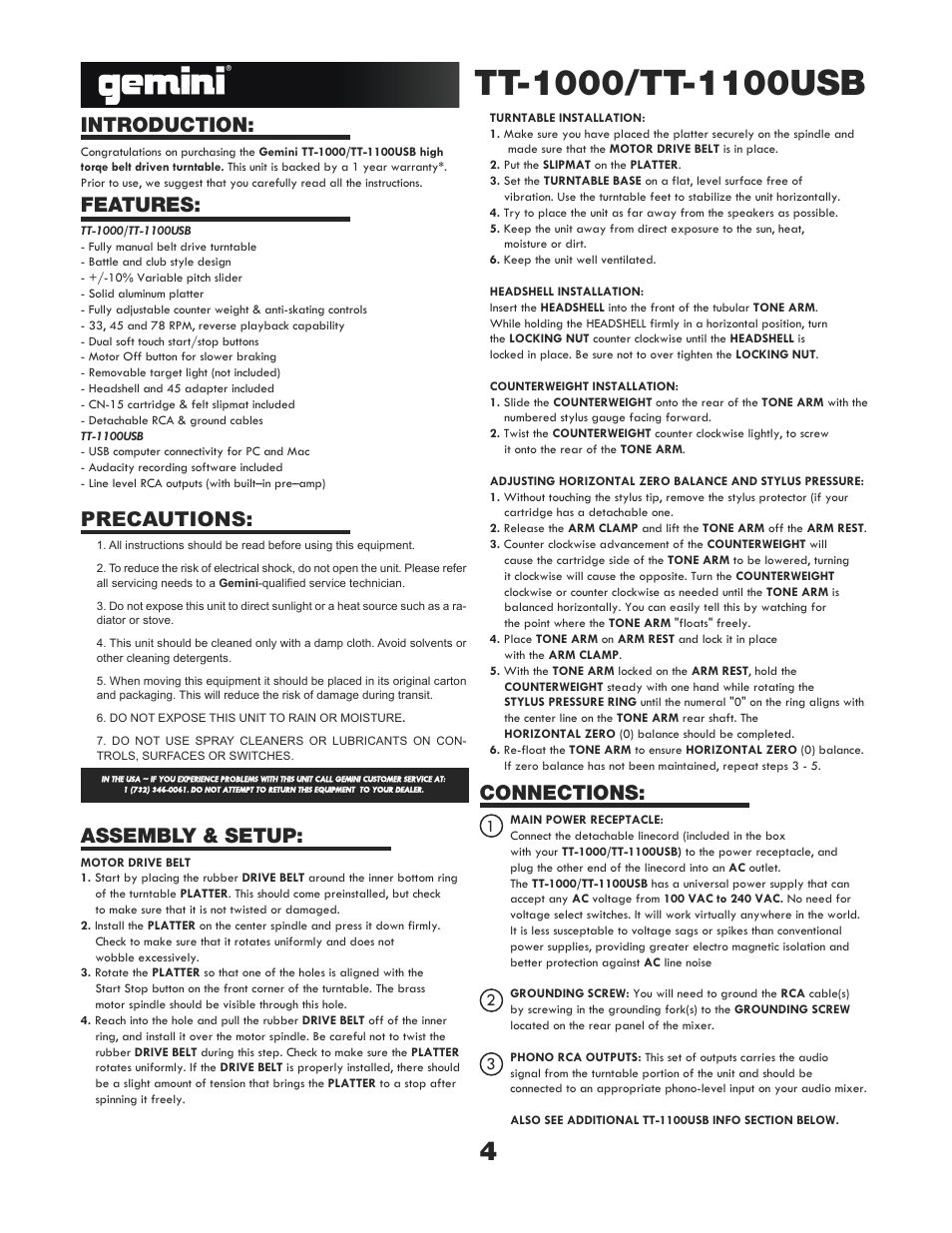 Introduction, Features: connections, Assembly & setup | Precautions | Gemini TT-1000 User Manual | Page 4 / 17