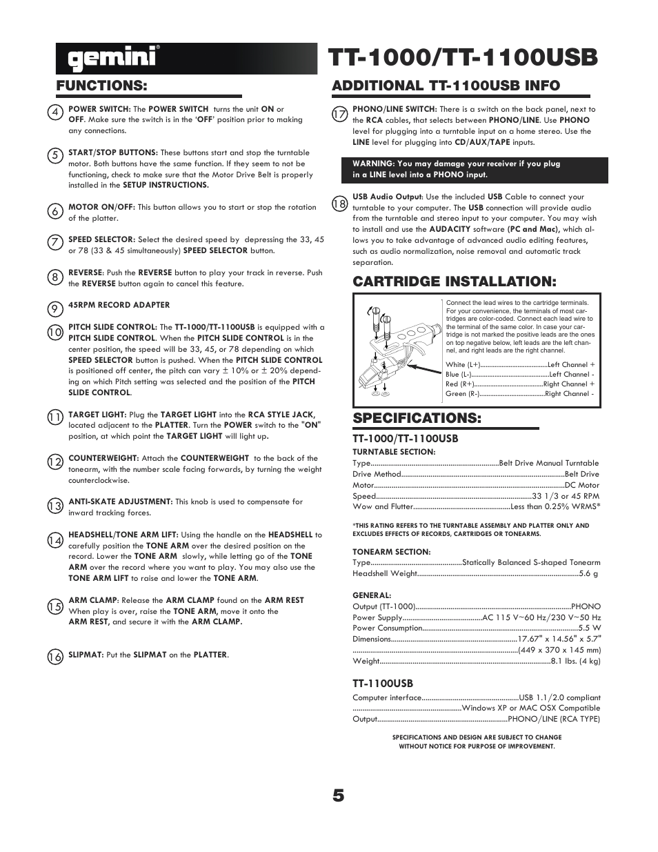 Functions, Additional tt-1100usb info, Specifications: cartridge installation | Gemini TT-1000 User Manual | Page 5 / 17