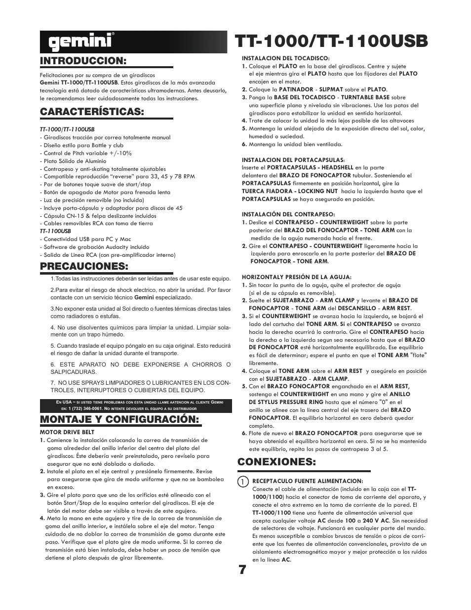 Introduccion, Características: conexiones, Montaje y configuración | Precauciones | Gemini TT-1000 User Manual | Page 7 / 17