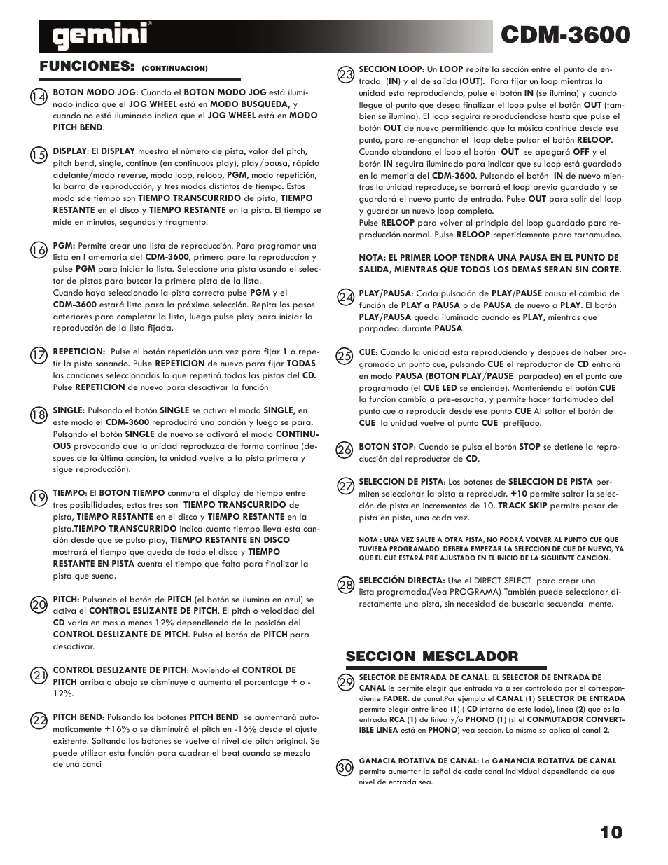 Cdm-3600, Seccion mesclador, Funciones | Gemini CDM-3600 User Manual | Page 10 / 23