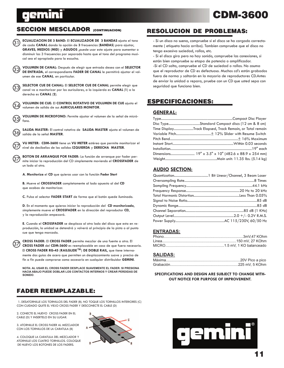 Cdm-3600, Resolucion de problemas: especificaciones, Fader reemplazable: seccion mesclador | General | Gemini CDM-3600 User Manual | Page 11 / 23