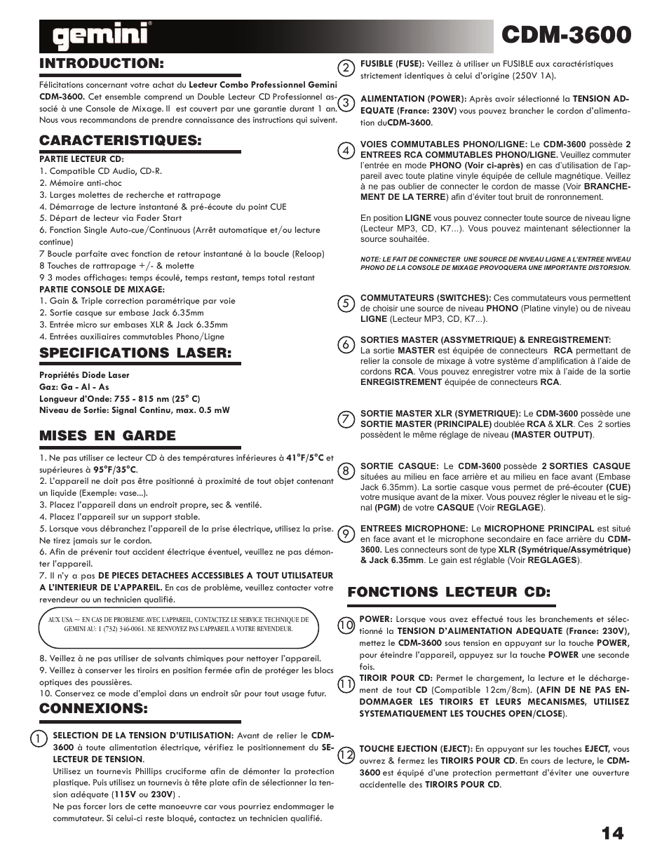 Cdm-3600, Introduction, Fonctions lecteur cd | Gemini CDM-3600 User Manual | Page 14 / 23