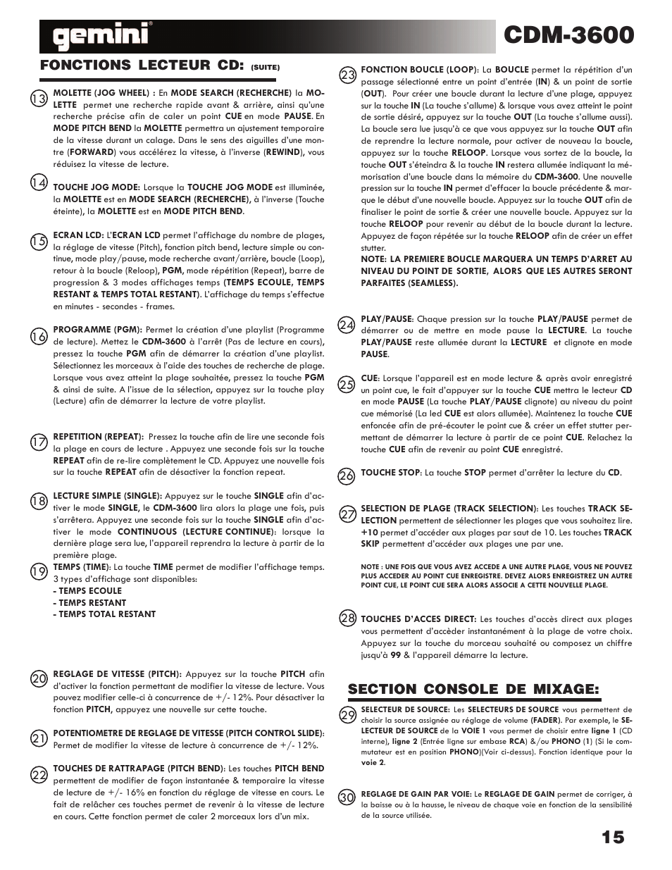 Cdm-3600, Fonctions lecteur cd | Gemini CDM-3600 User Manual | Page 15 / 23