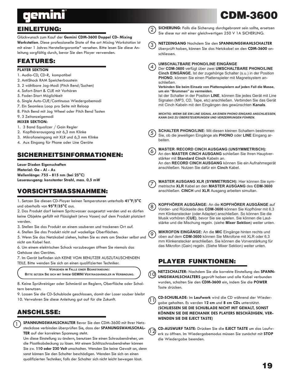 Cdm-3600, Vorsichtsmassnahmen: anschlüsse, Player funktionen | Einleitung, Features: sicherheitsinformationen | Gemini CDM-3600 User Manual | Page 19 / 23