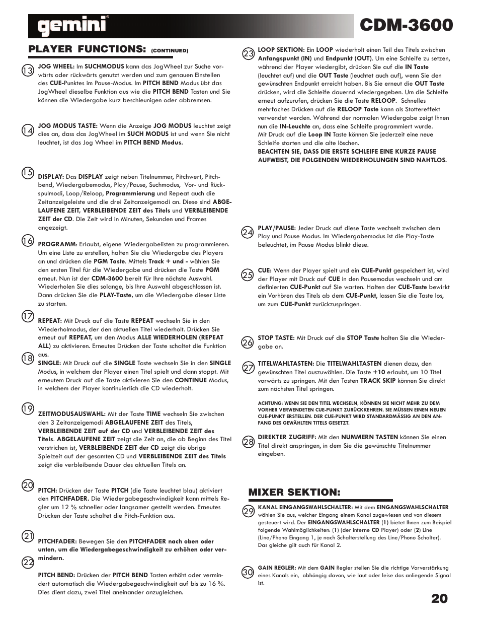 Cdm-3600, Player functions, Mixer sektion | Gemini CDM-3600 User Manual | Page 20 / 23