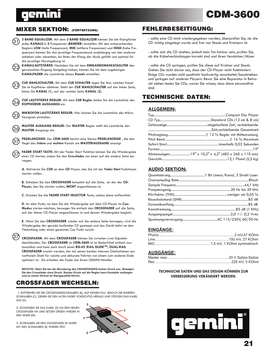 Cdm-3600, Fehlerbeseitigung, Technische daten | Mixer sektion, Crossfader wechseln, Allgemein, Audio sektion | Gemini CDM-3600 User Manual | Page 21 / 23
