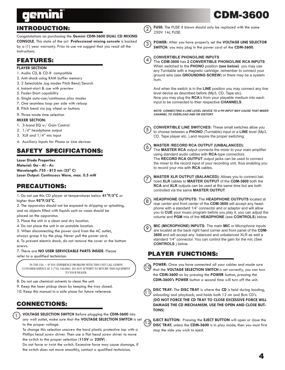 Cdm-3600, Introduction, Player functions | Gemini CDM-3600 User Manual | Page 4 / 23